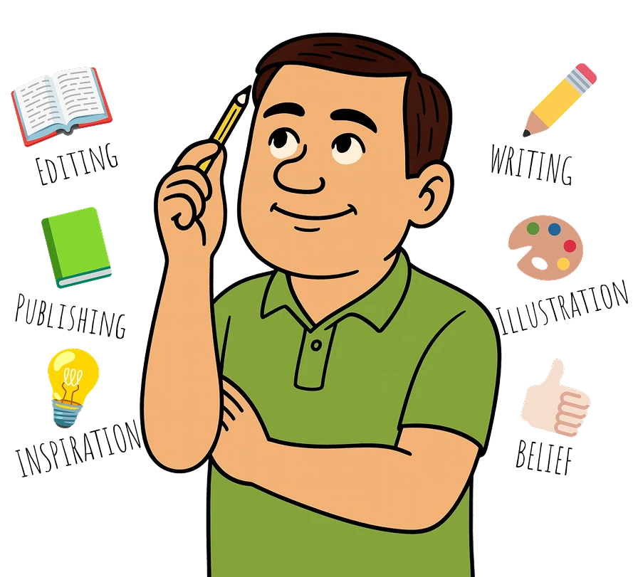 Illustration of Mel surrounded by books, a pencil and art supplies